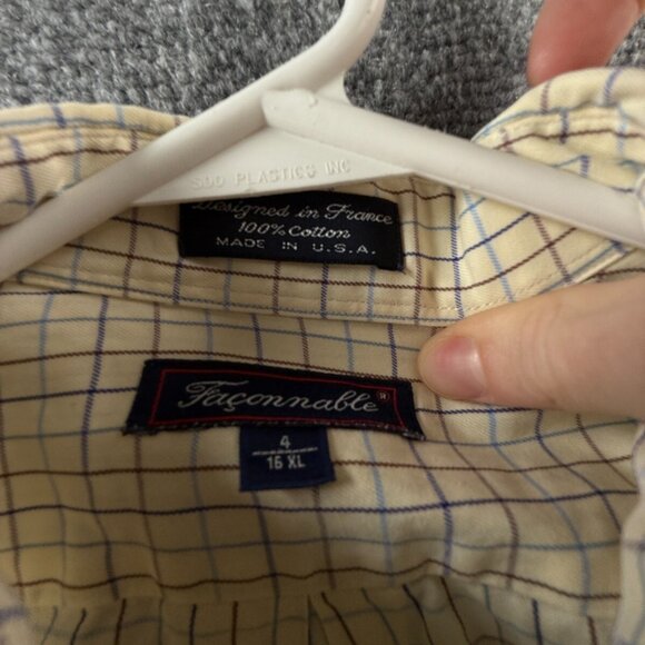 Faconnable Button Up Shirt Men Long Sleeve Yellow Check Pocket USA Made 16 XL - Picture 9 of 16